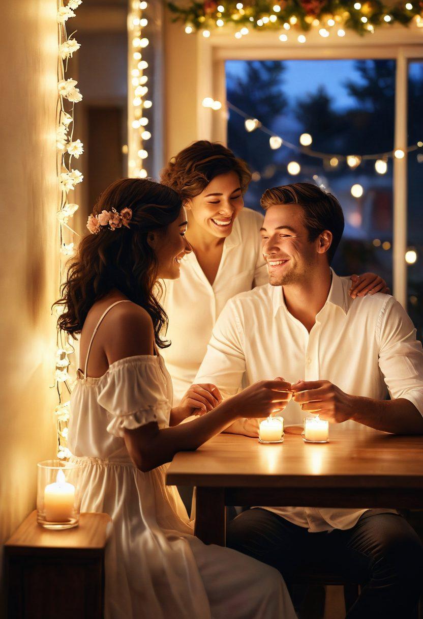 A cozy, candle-lit dinner table set for two, adorned with fresh flowers and soft, romantic lighting. In the background, a couple shares a laugh while holding hands, surrounded by heart-shaped decorations and twinkling fairy lights. The atmosphere radiates warmth and intimacy, inviting viewers to explore deeper connections. watercolor. soft focus. warm hues.