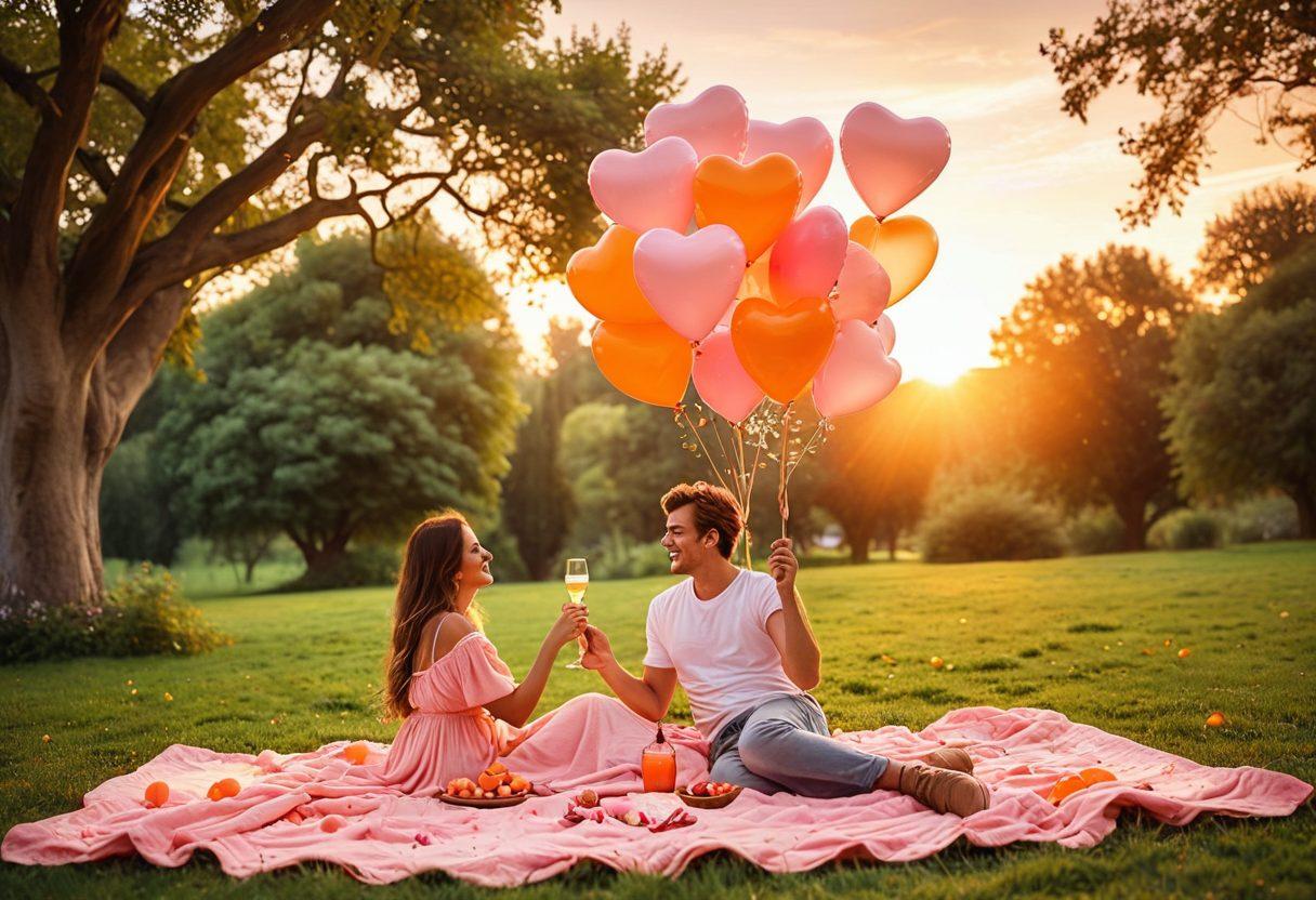 A romantic picnic scene set in a lush green park, adorned with fairy lights and blooming flowers. A cozy blanket spread with delicious food, a couple laughing as they toast with glasses of sparkling juice, framed by a dreamy sunset in the background. Include whimsical details like heart-shaped balloons and a photo album nearby. super-realistic. vibrant colors. soft focus.